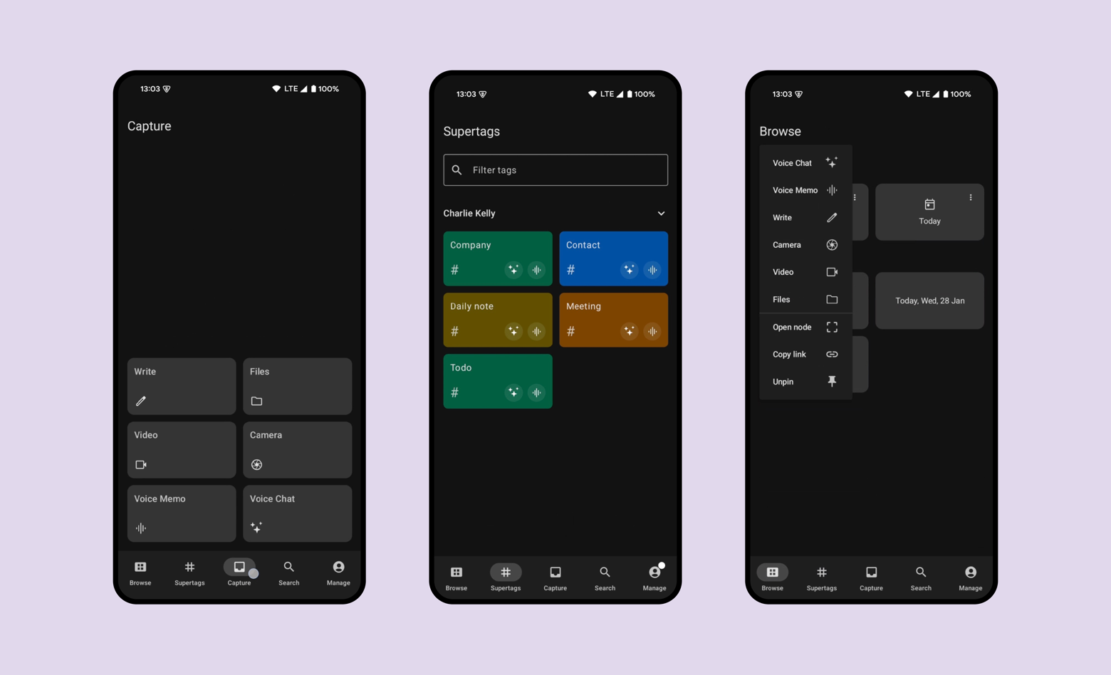 You can start an AI voice chat in Tana for Android or iOS from the capture tab, a supertag, home screen widgets or any node