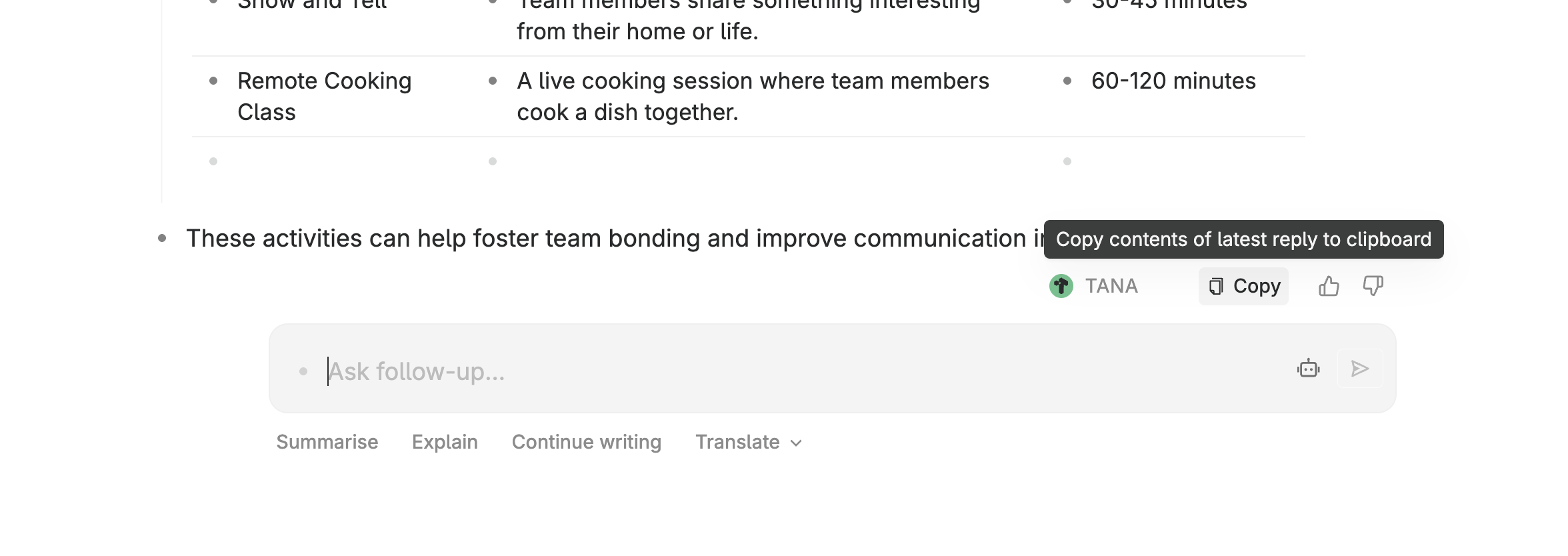 On AI responses you can take further actions, or copy the content into your notes