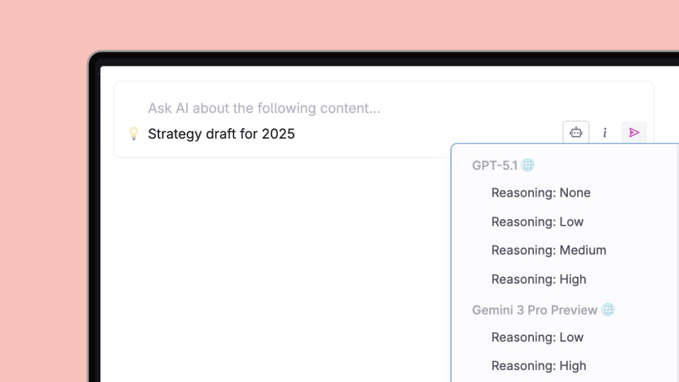 Tana Outliner's AI model selector allows you to select the reasoning level of the models