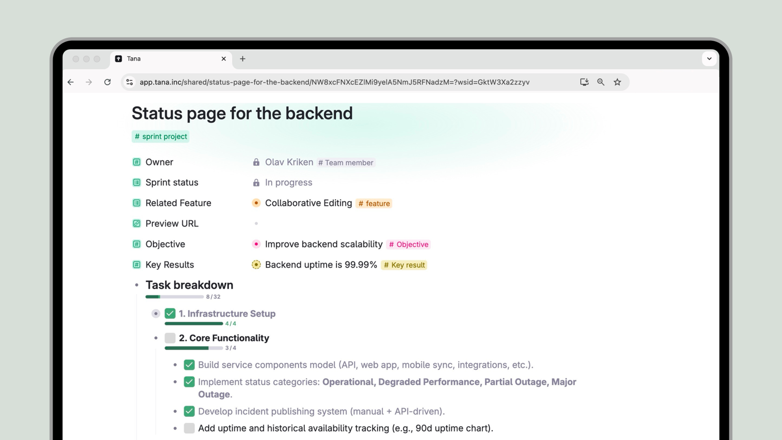 Checkboxes and progress bars will also show in published Tana Outliner pages, enabling sharing of e.g. projects plans