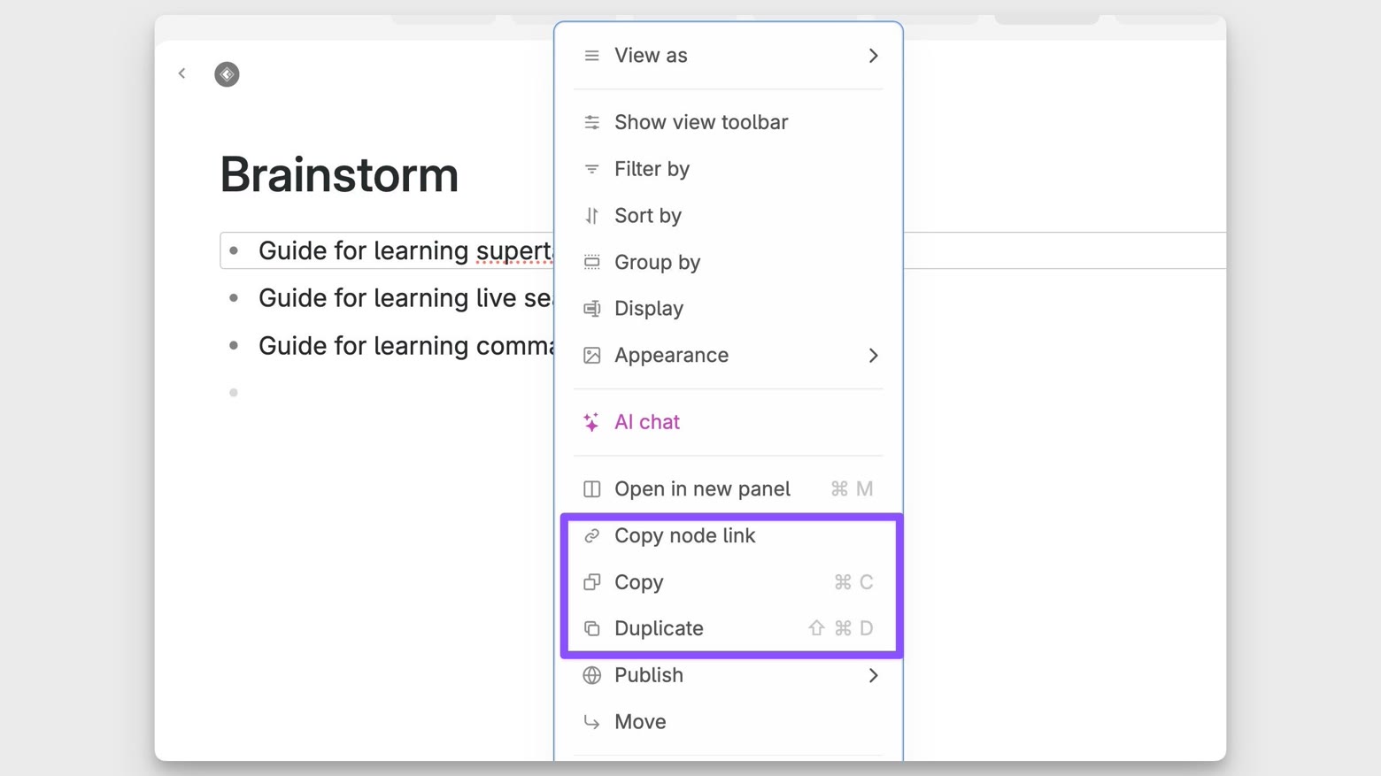 The Tana Outliner context menu appears on right click and shows copy options
