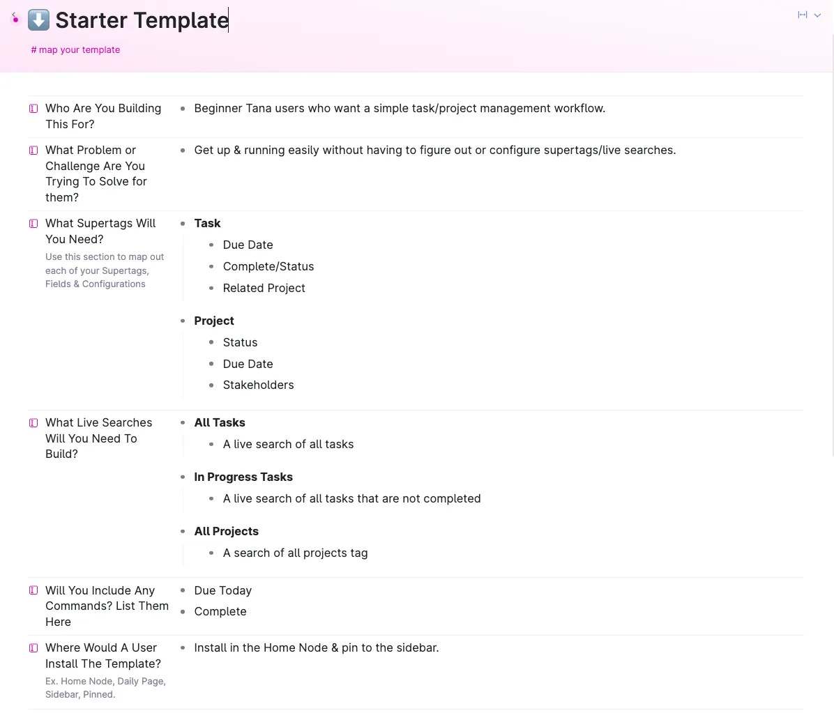 Template mapping canvas with prompts for who the template is for, the problem it solves, supertags, live searches, commands and install location
