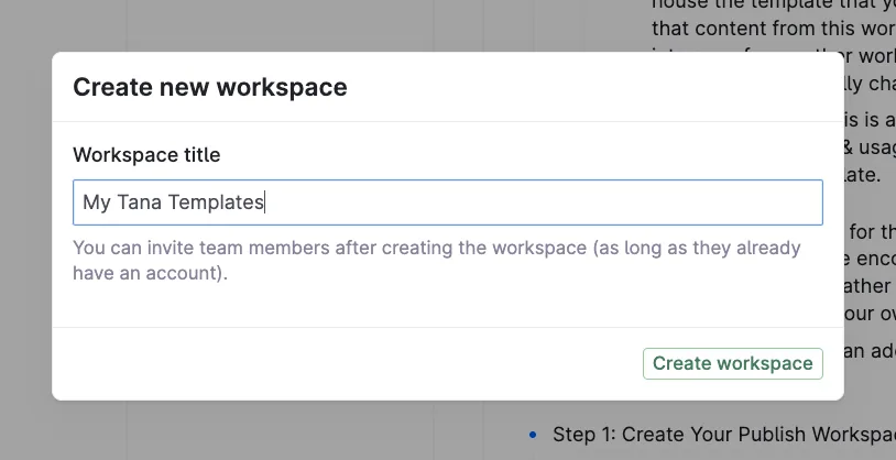 Tana sidebar menu with the option to publish a workspace as read-only