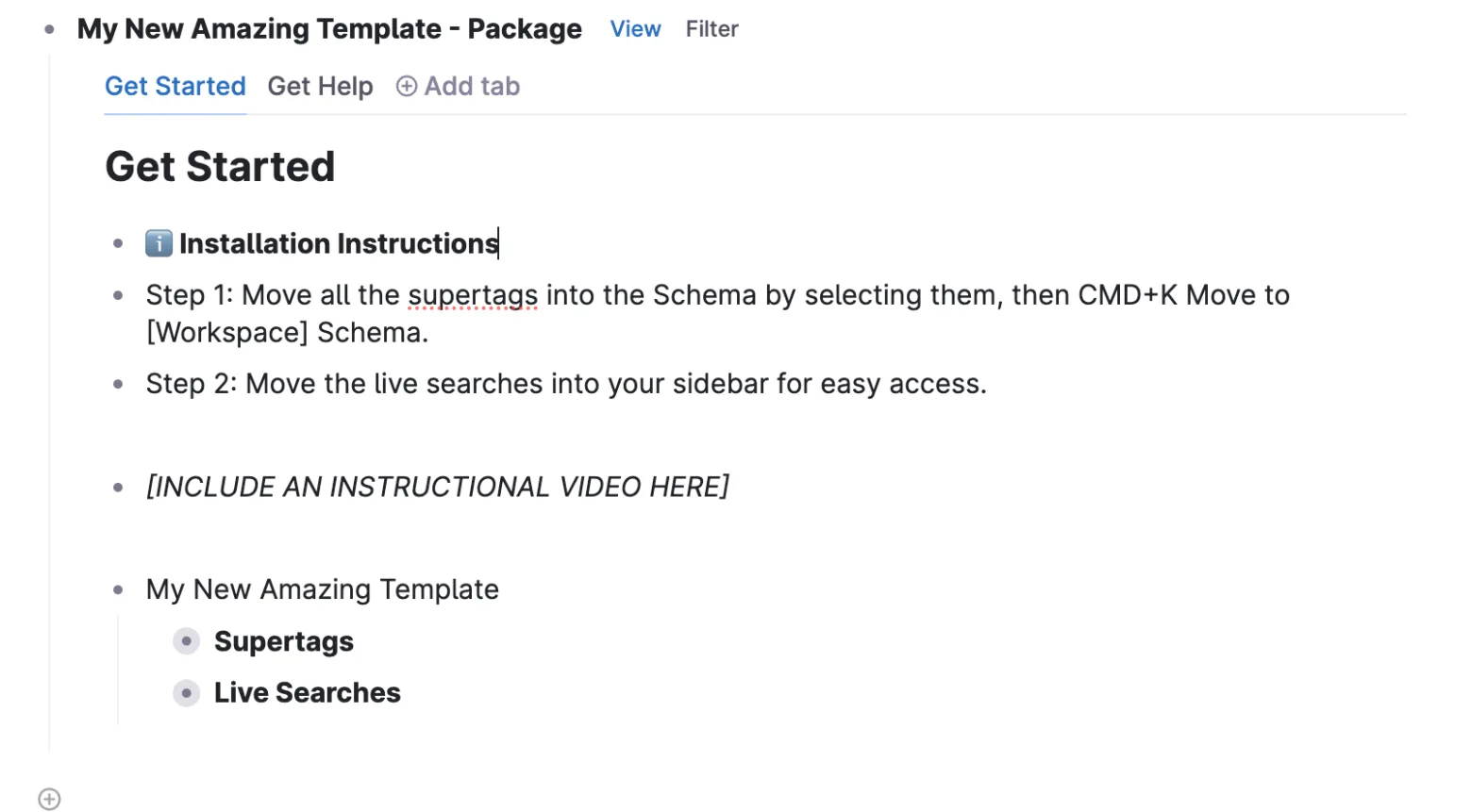 Template package with Get started, Building blocks and Get help tabs