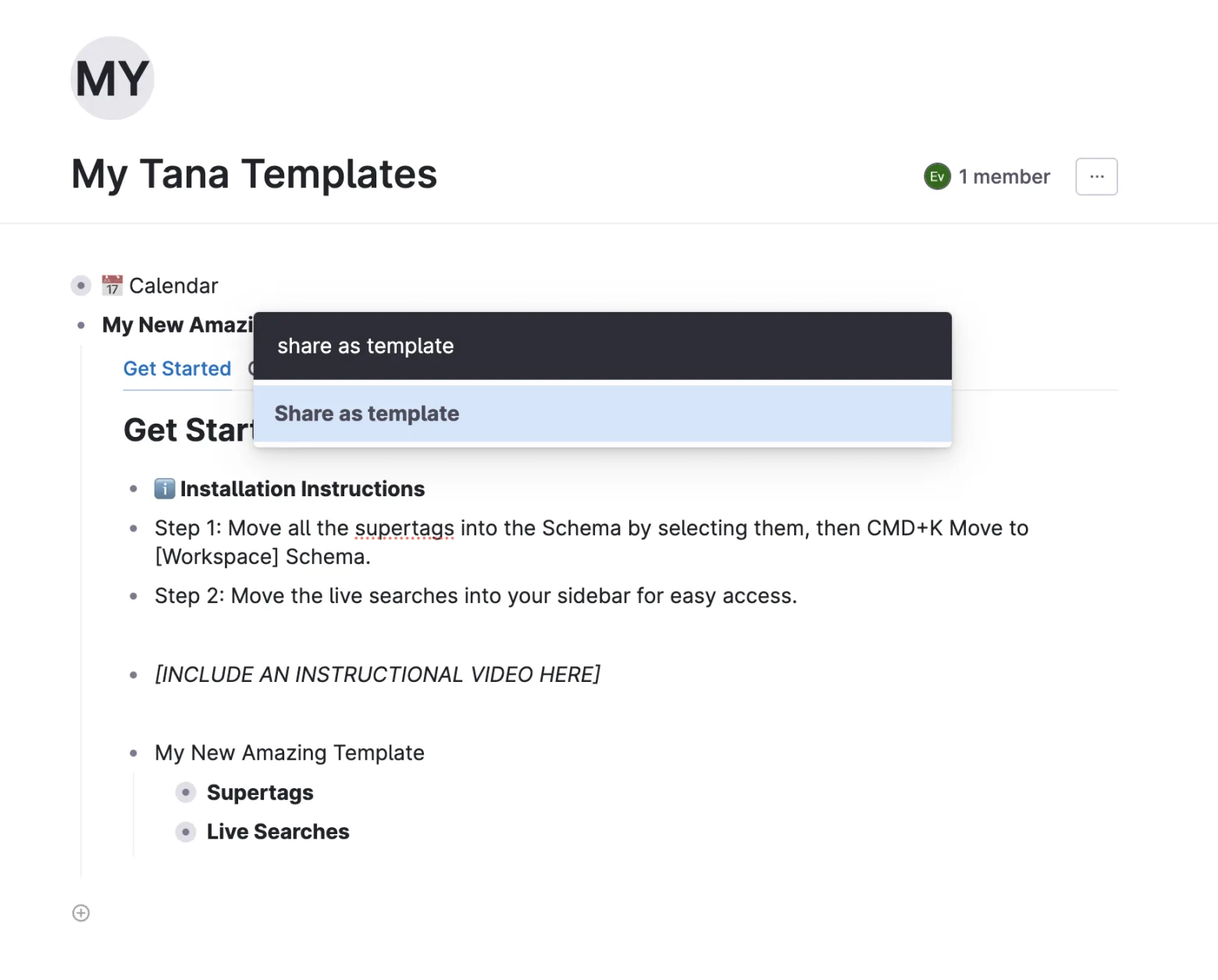 Publish as template option with the shareable template link
