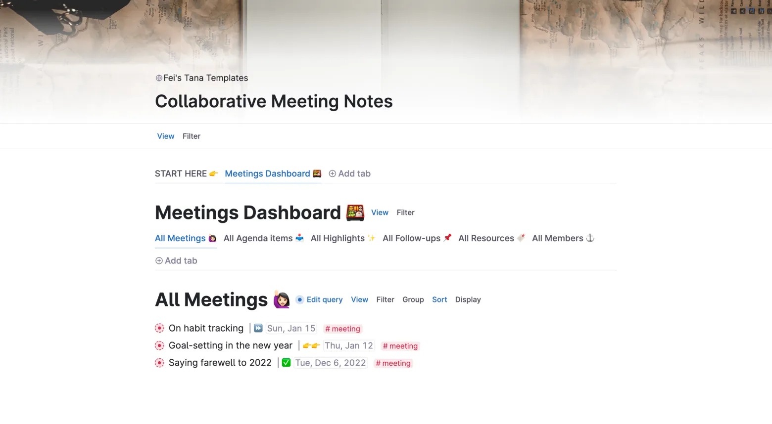 Collaborative meeting notes base template in a Tana workspace