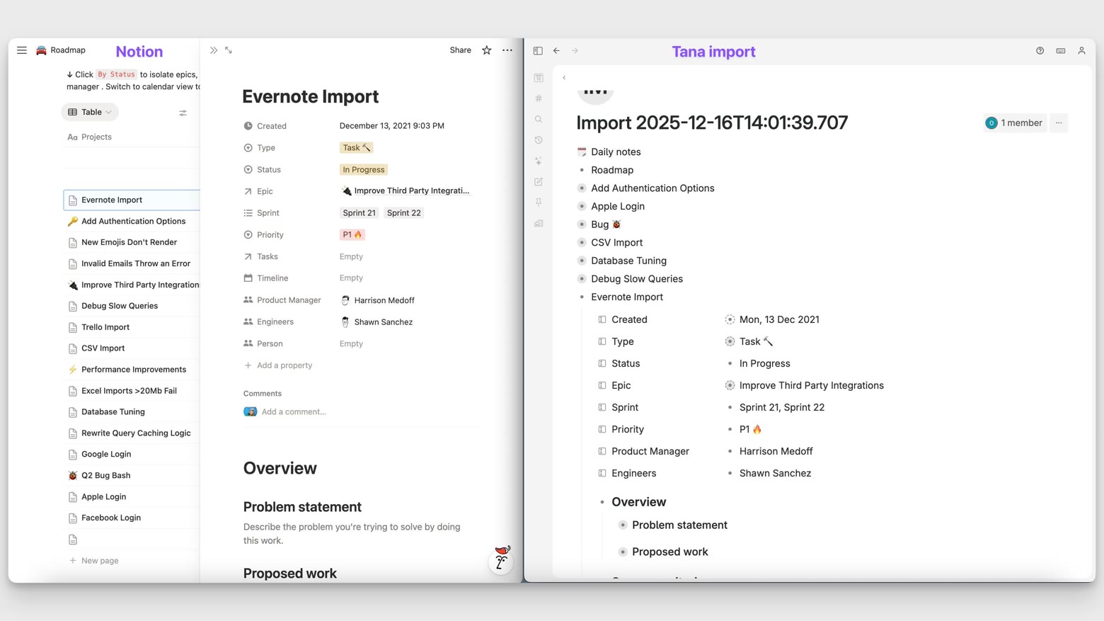 Database items will be created as individual items in Tana Outliner, with the property values as fields