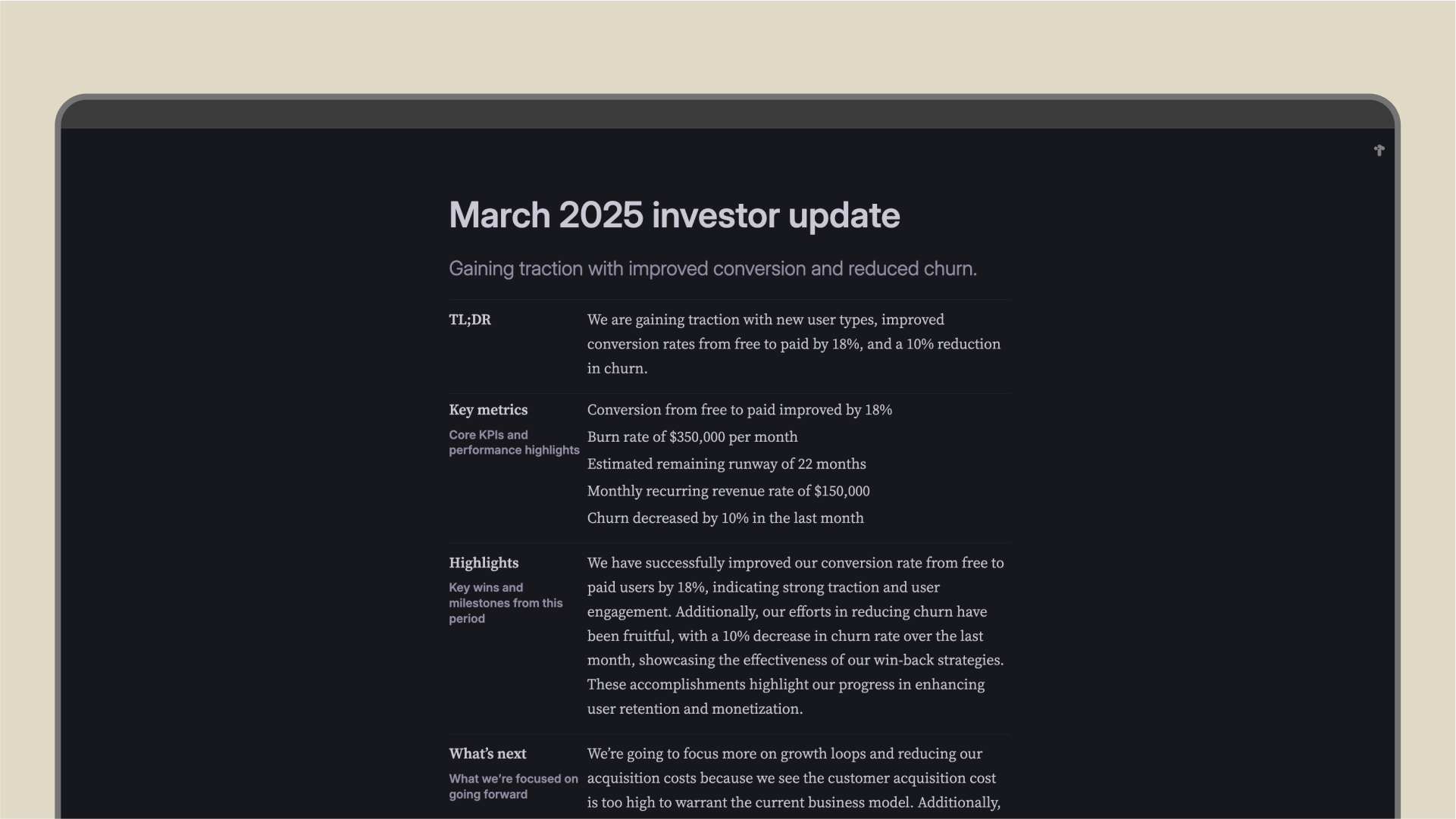 Investor Update Output