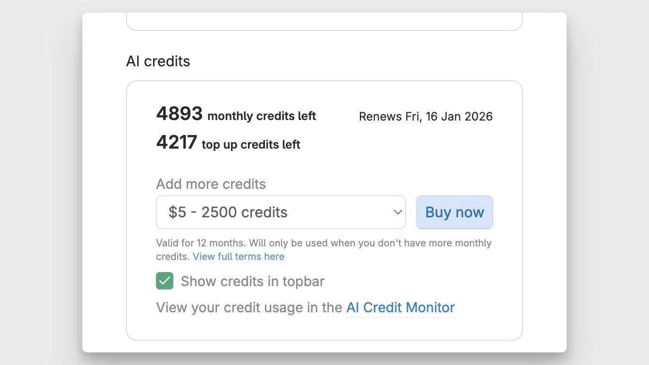 Open Manage account in the user menu, to buy top up credits in Tana Outliner.