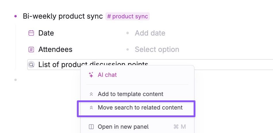 Right-click on a search inside a tagged node to move search to related content