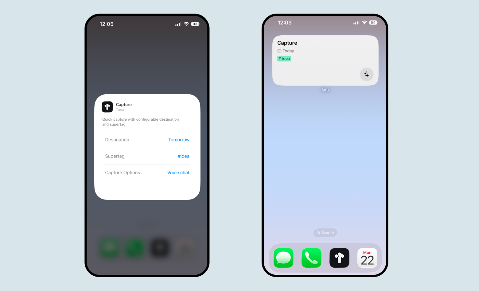 Tana mobile's home screen widgets let you start a voice chat with AI with one tap, with a custom supertag