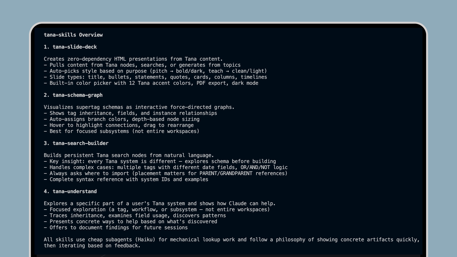 Tana skill pack offers four skills to help you work with your data in Claude code