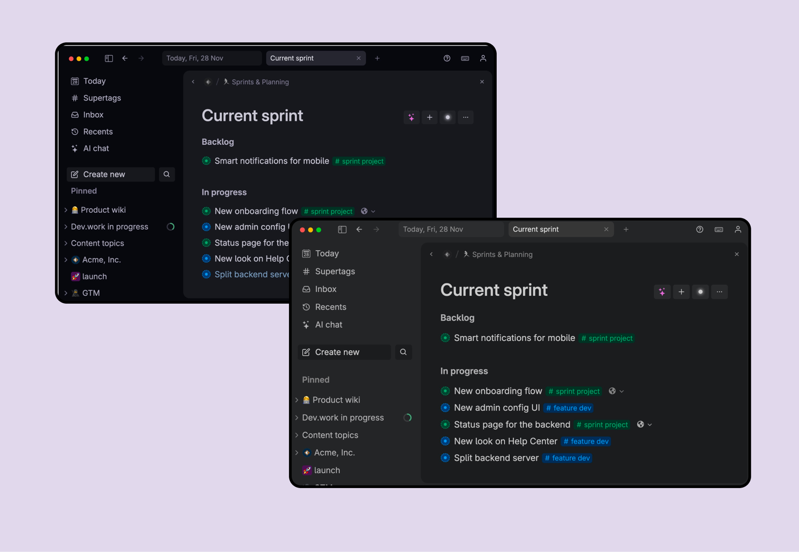 Old and new dark mode in Tana