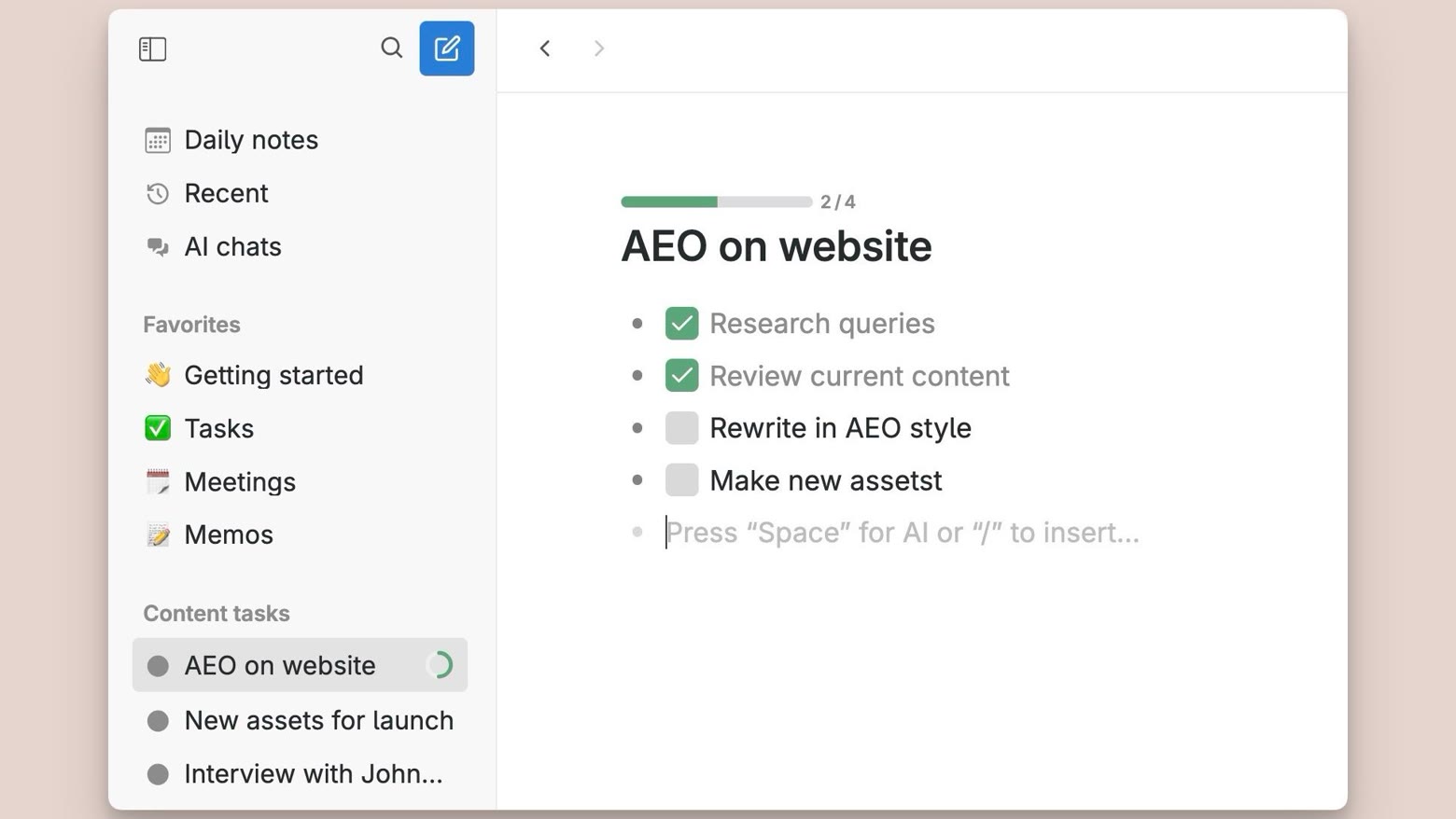 The new Tana sidebar will show progress bar indicators on items