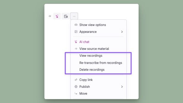 If audio recording is enabled, you can start re-transcription from the right-click/context menu. You can also view the recordings and delete them from here.