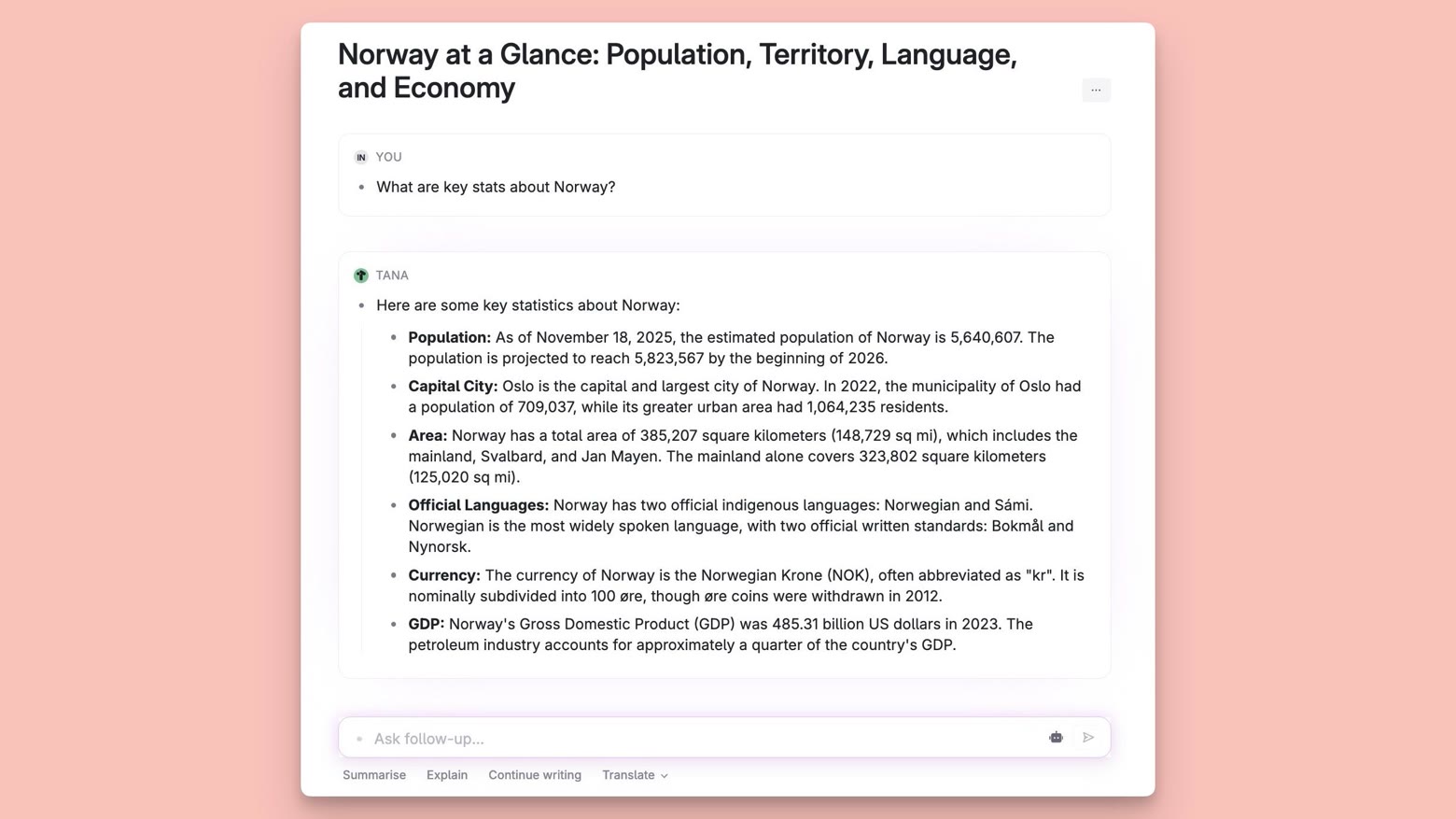 Tana's AI chat can research topics using internet web search