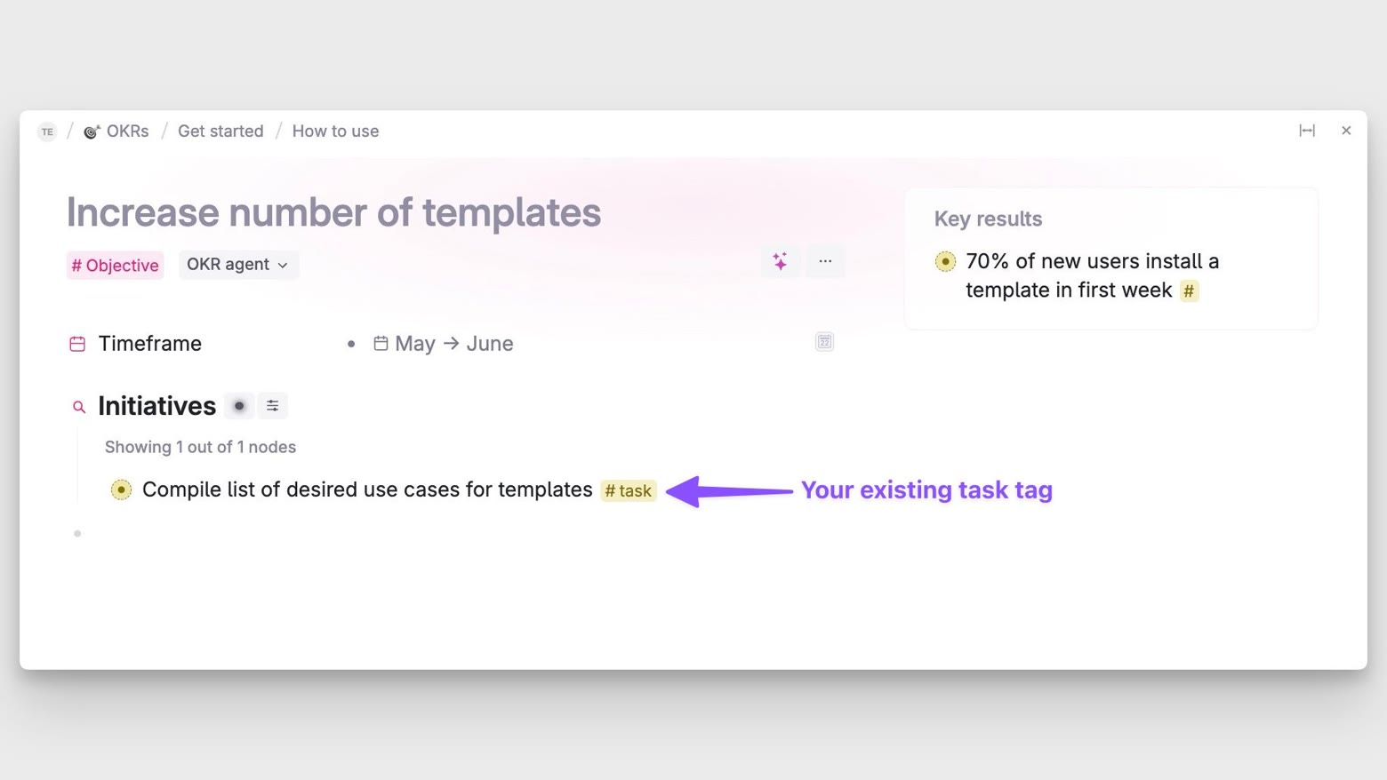 Existing task tag integrated with OKR template