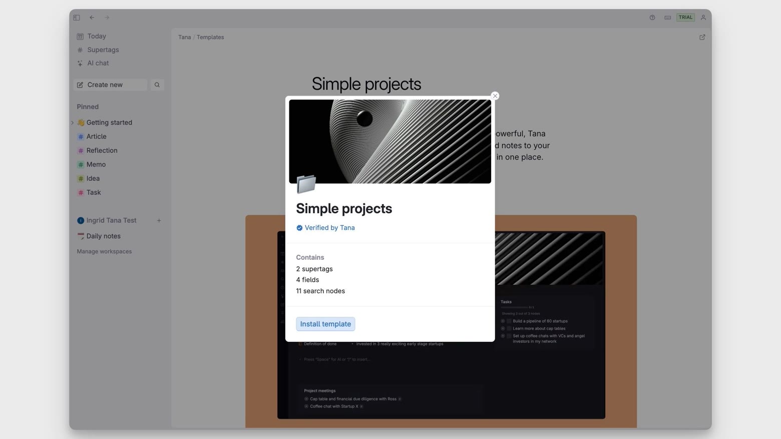 Template installation preview modal projects