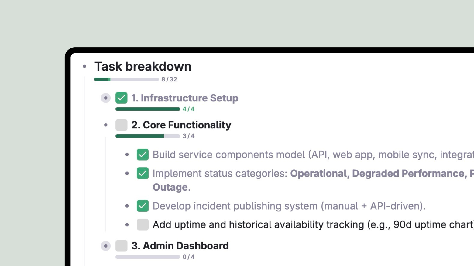 Progress bars in Tana are work on hierarchies of sub-tasks and sub-areas, aggregating up the status of all checkboxes