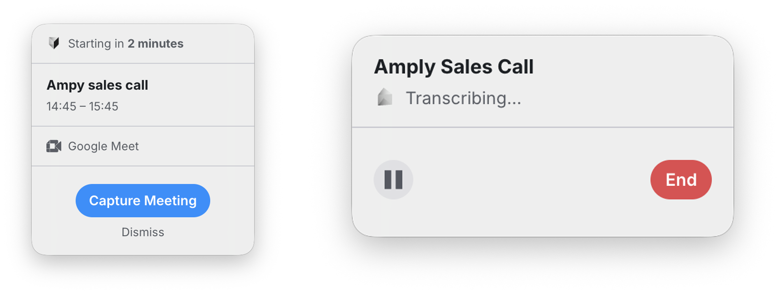 The capture window before a meeting starts, and the capture in progress with pause and end controls