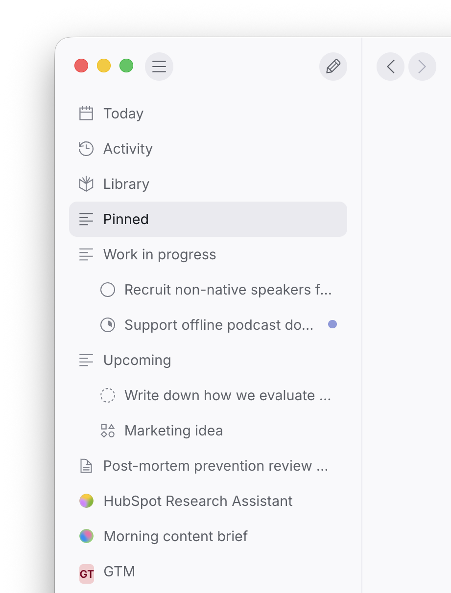 The sidebar with a Pinned section of user-chosen documents, spaces, and agents