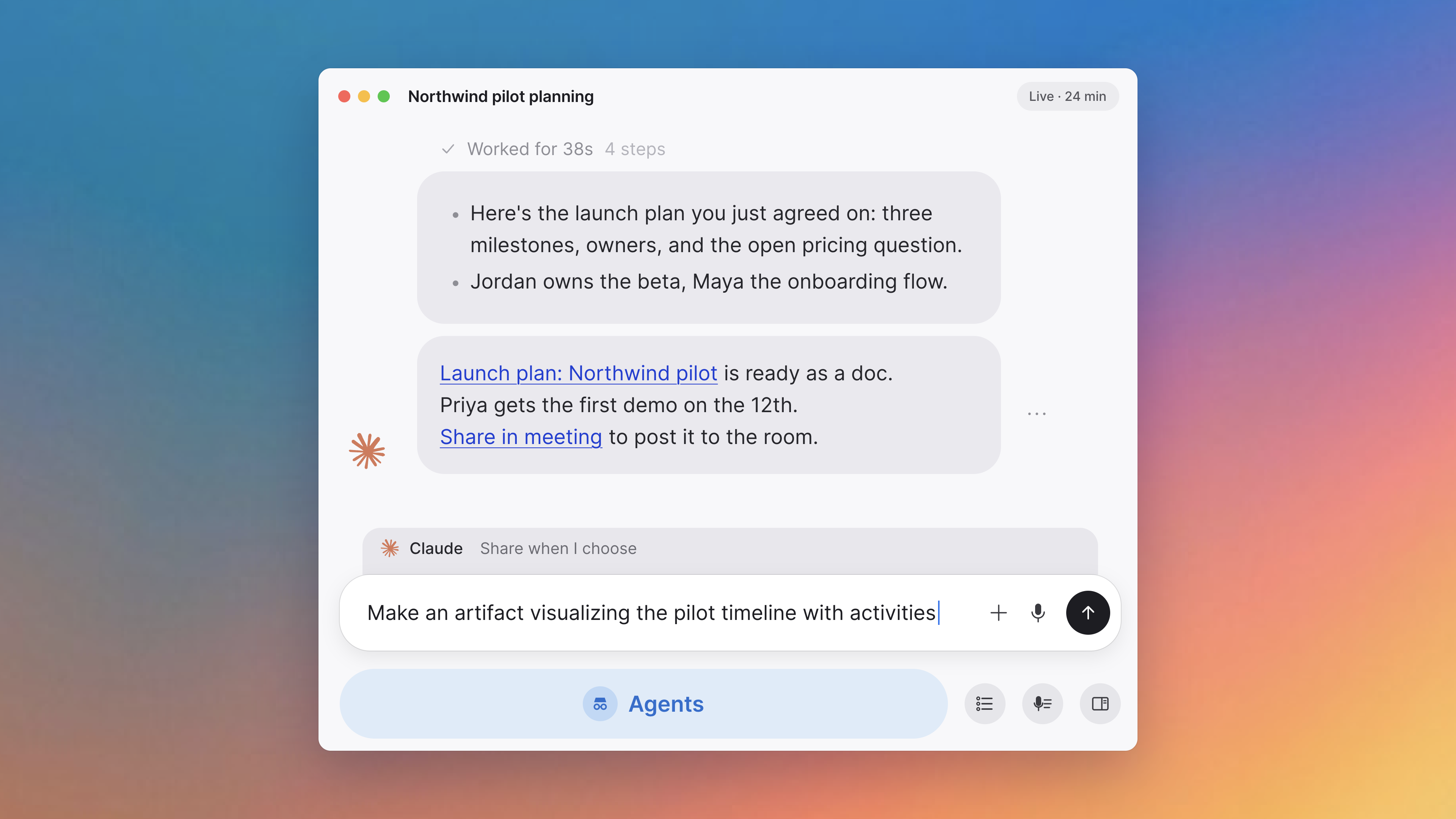 A live meeting's Agents tab, where Claude has drafted a launch plan from the discussion and offers to share it with the meeting