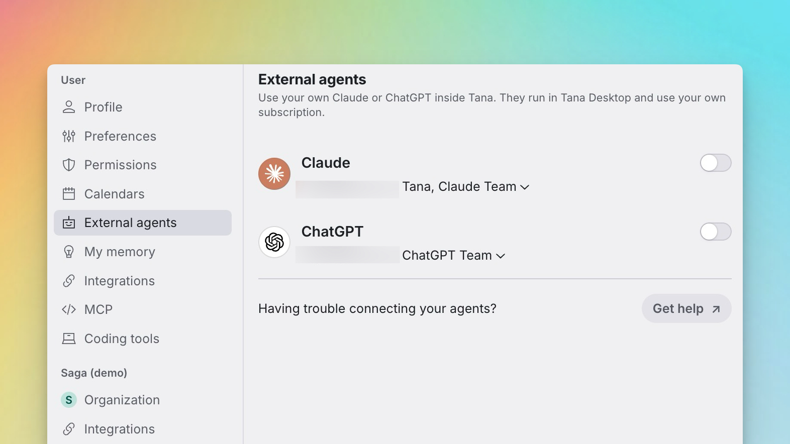 Settings, External agents in Tana, with Claude and ChatGPT connected and a toggle for each