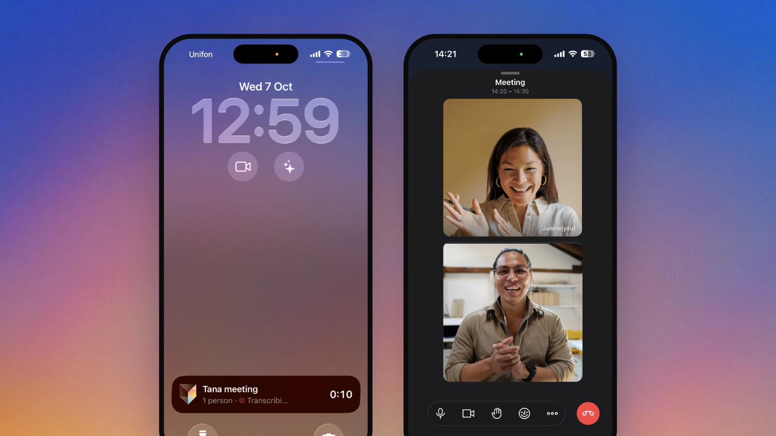 Two iPhones: a Lock Screen with Start Meeting and Talk to Tana controls and a live 'Tana meeting, Transcribing' activity, and a Tana call with two participants and the call controls.