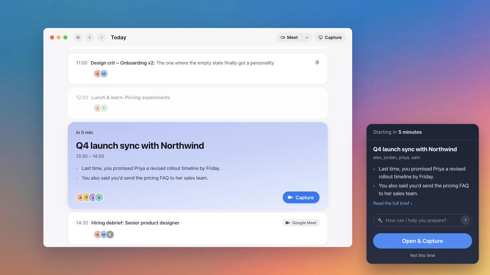 Tana Home showing the day's meetings, with the next one, Q4 launch sync with Northwind, highlighted with a brief of what was promised last time. Beside it, the desktop reminder shows the same brief and a box asking How can I help you prepare?