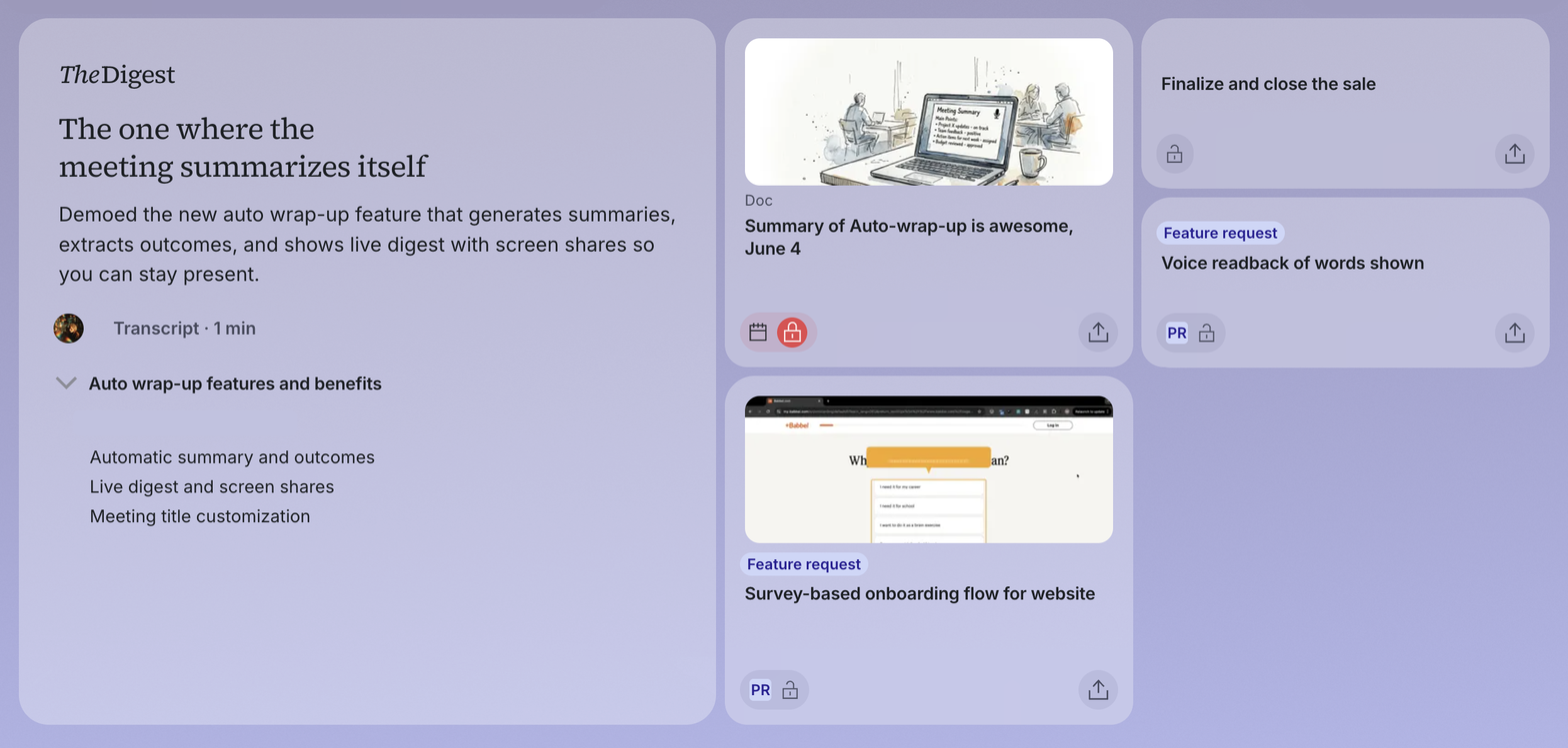 A meeting digest: an auto summary doc and proposed items like a feature request and a task, extracted from the conversation.