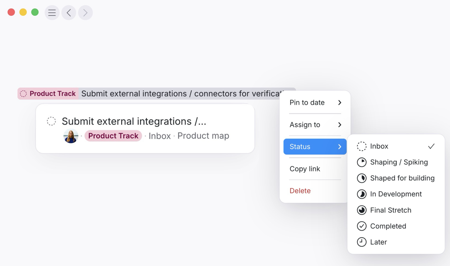 An inline mention pill carrying a task's state and type, with a right-click menu to pin it to a date, assign it, or set its status through the workflow stages.