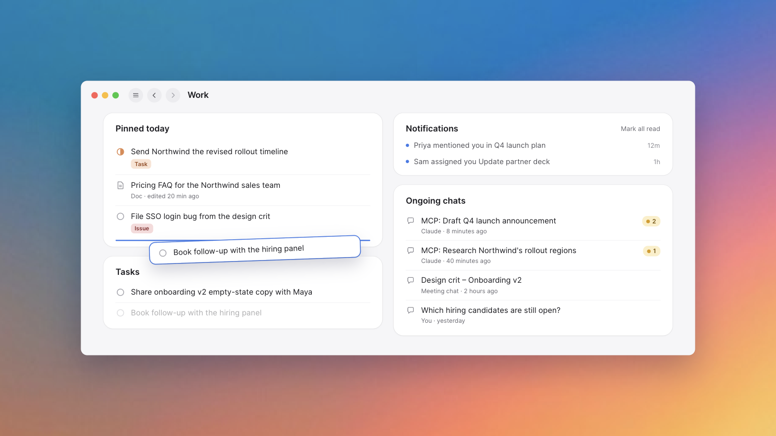 The Work page in Tana: a task being dragged into Pinned today, notifications, and ongoing chats where two MCP chats show badges for proposals waiting for review.